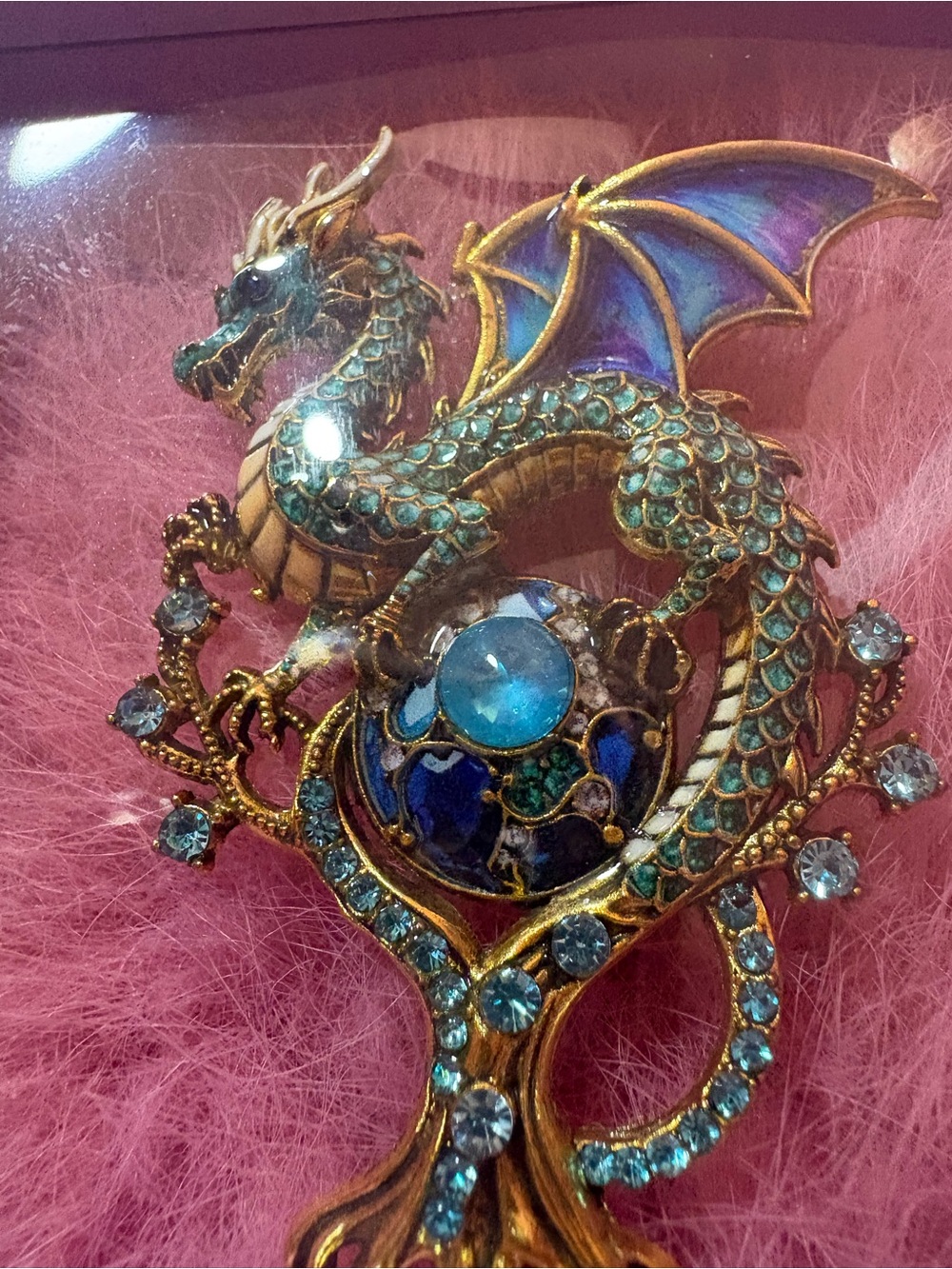Ornate Gold Dragon Decorative Brooch - Blue and Teal
